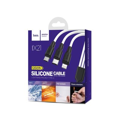 USB кабель HOCO 3in1 X21 Silicone Type-C+Micro+Lightning Black-White
